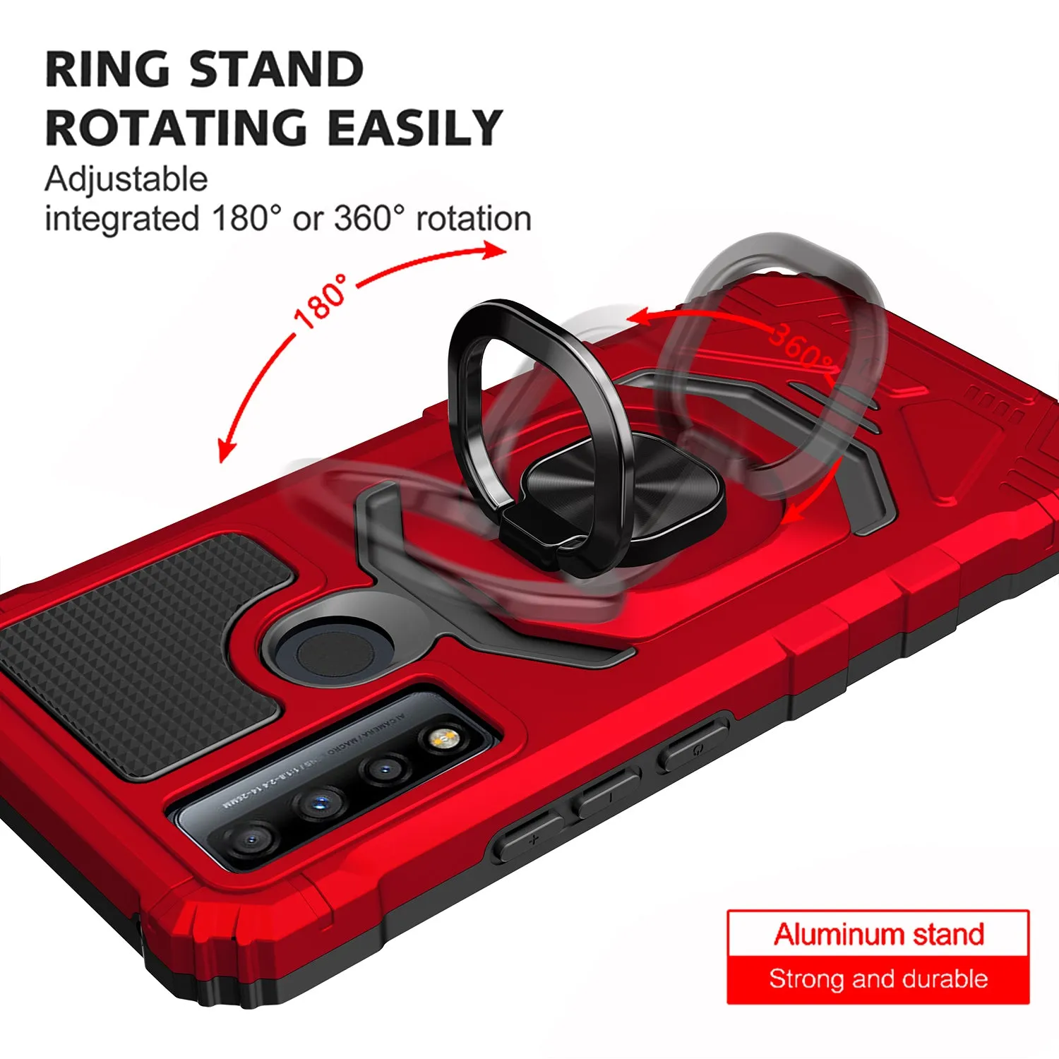 For TCL 20 XE Case [Military Grade] Ring Car Mount Kickstand w/[Tempered Glass] Hybrid Hard PC Soft TPU Shockproof Protective Case - Red