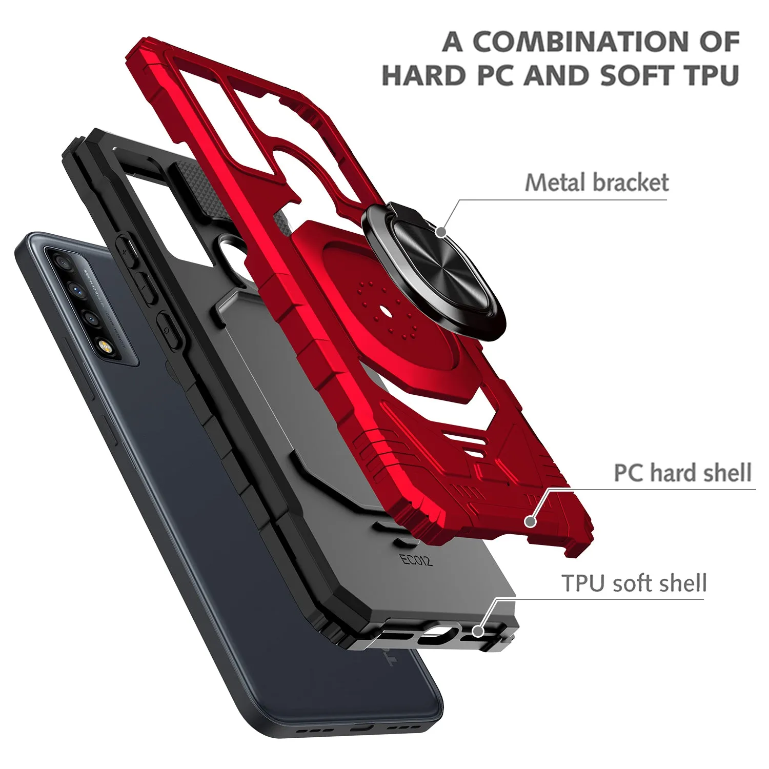 For TCL 20 XE Case [Military Grade] Ring Car Mount Kickstand w/[Tempered Glass] Hybrid Hard PC Soft TPU Shockproof Protective Case - Red