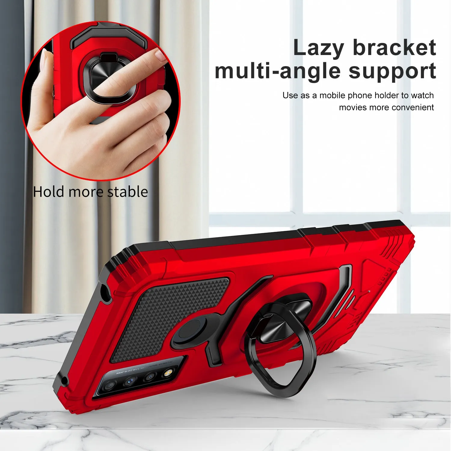 For TCL 20 XE Case [Military Grade] Ring Car Mount Kickstand w/[Tempered Glass] Hybrid Hard PC Soft TPU Shockproof Protective Case - Red