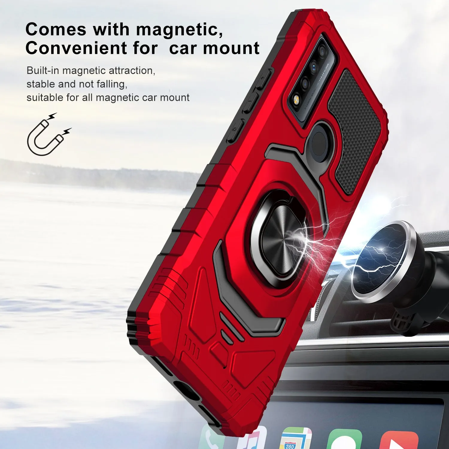 For TCL 20 XE Case [Military Grade] Ring Car Mount Kickstand w/[Tempered Glass] Hybrid Hard PC Soft TPU Shockproof Protective Case - Red