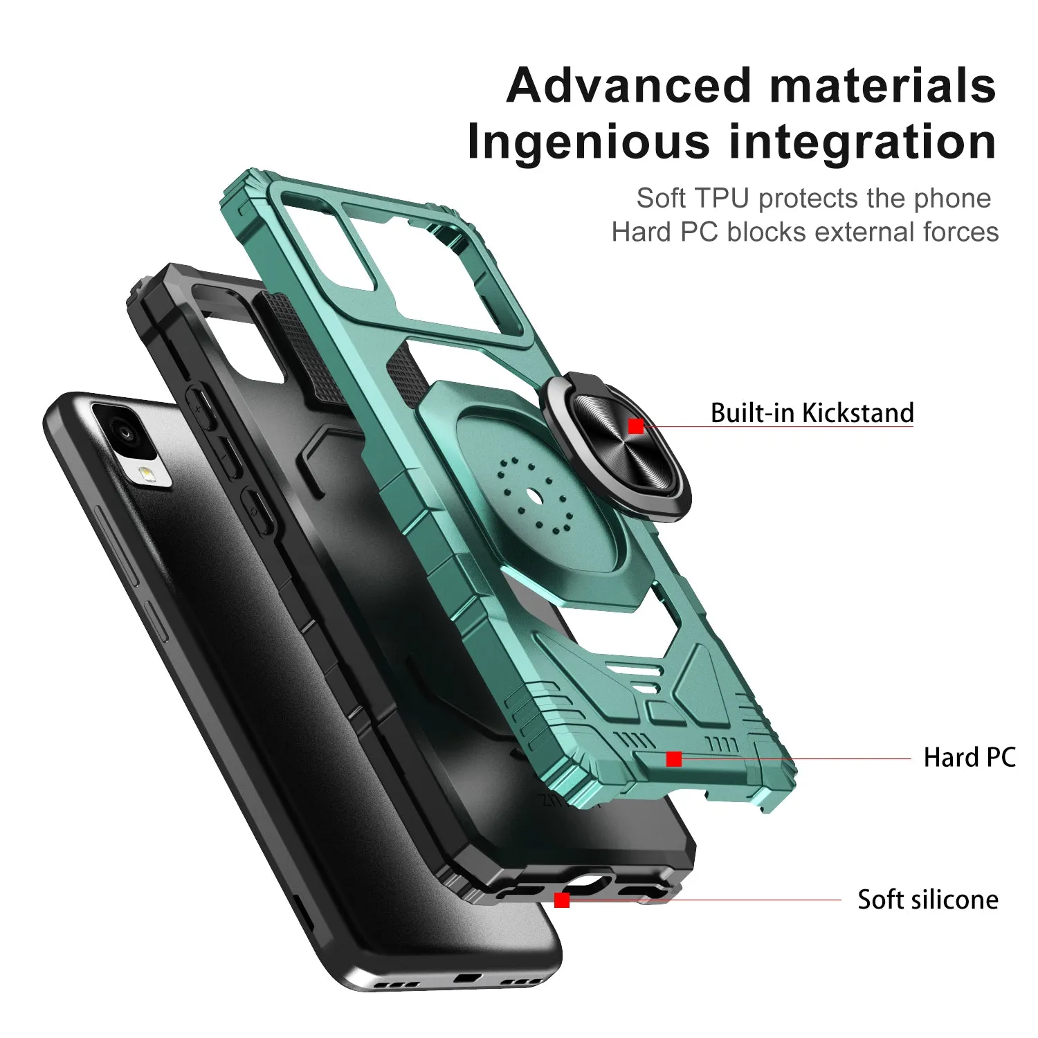 For TCL 30z / 30 LE Case [Military Grade] Ring Car Mount Kickstand w/[Tempered Glass] Hybrid Hard PC Soft TPU Shockproof Protective Case - Teal