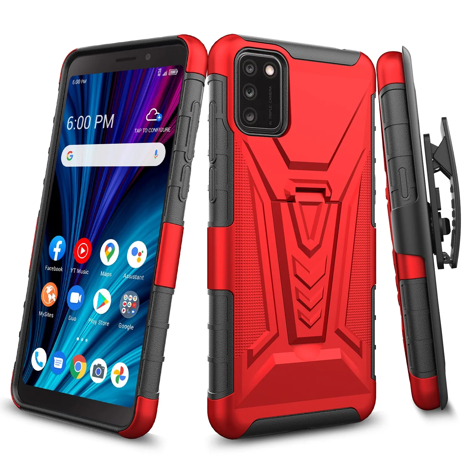 For TCL A3X Case with Tempered Glass Screen Protector Heavy Duty Protective Phone Case,Built-in Kickstand Rugged Shockproof Protective Phone Case - Red