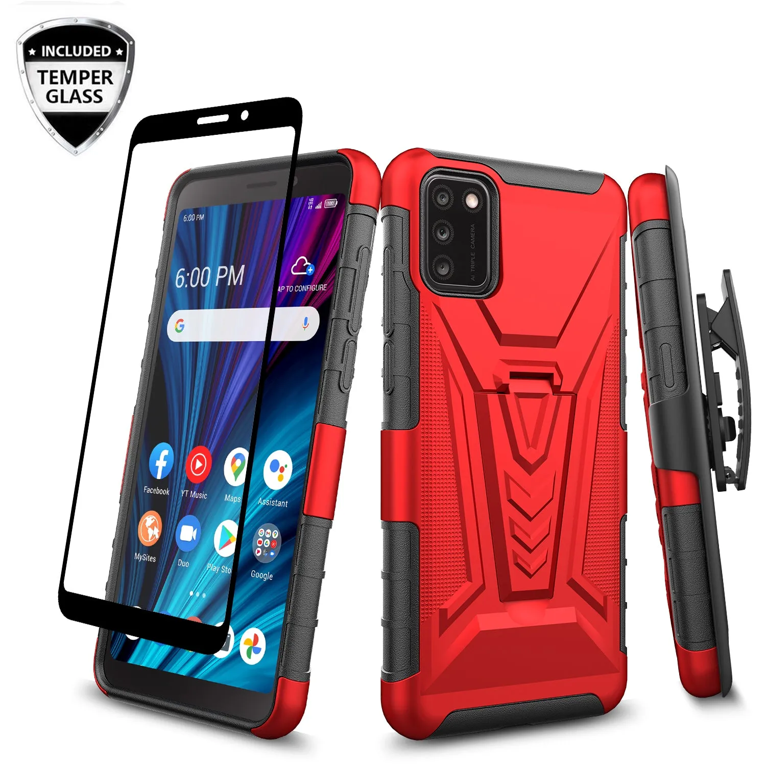 For TCL A3X Case with Tempered Glass Screen Protector Heavy Duty Protective Phone Case,Built-in Kickstand Rugged Shockproof Protective Phone Case - Red