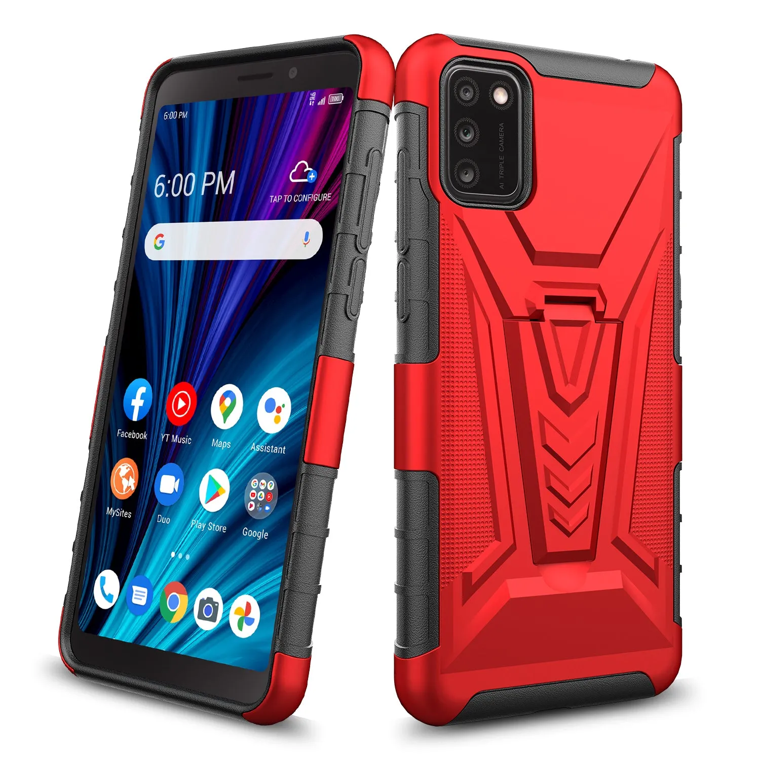 For TCL A3X Case with Tempered Glass Screen Protector Heavy Duty Protective Phone Case,Built-in Kickstand Rugged Shockproof Protective Phone Case - Red