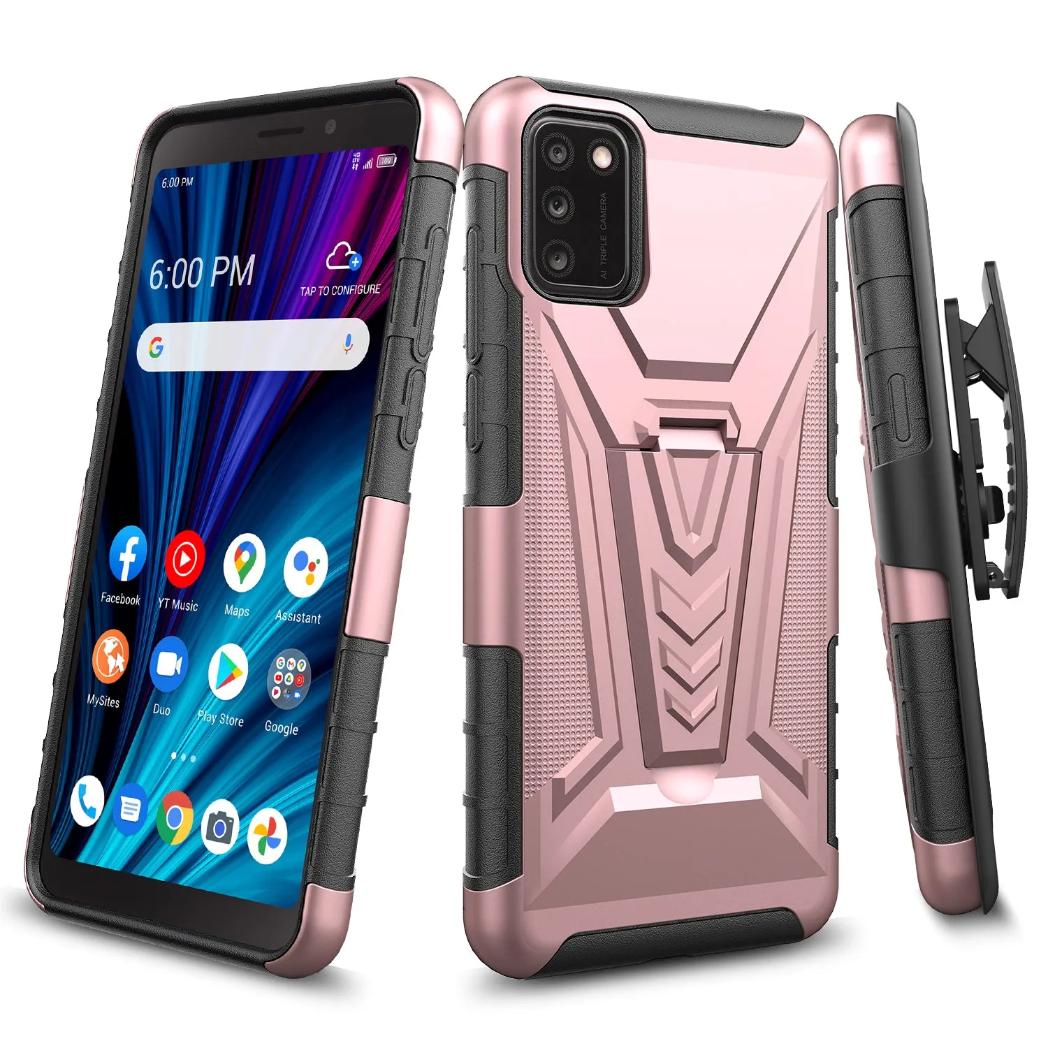 For TCL A3X Case with Tempered Glass Screen Protector Heavy Duty Protective Phone Case,Built-in Kickstand Rugged Shockproof Protective Phone Case - Rose Gold