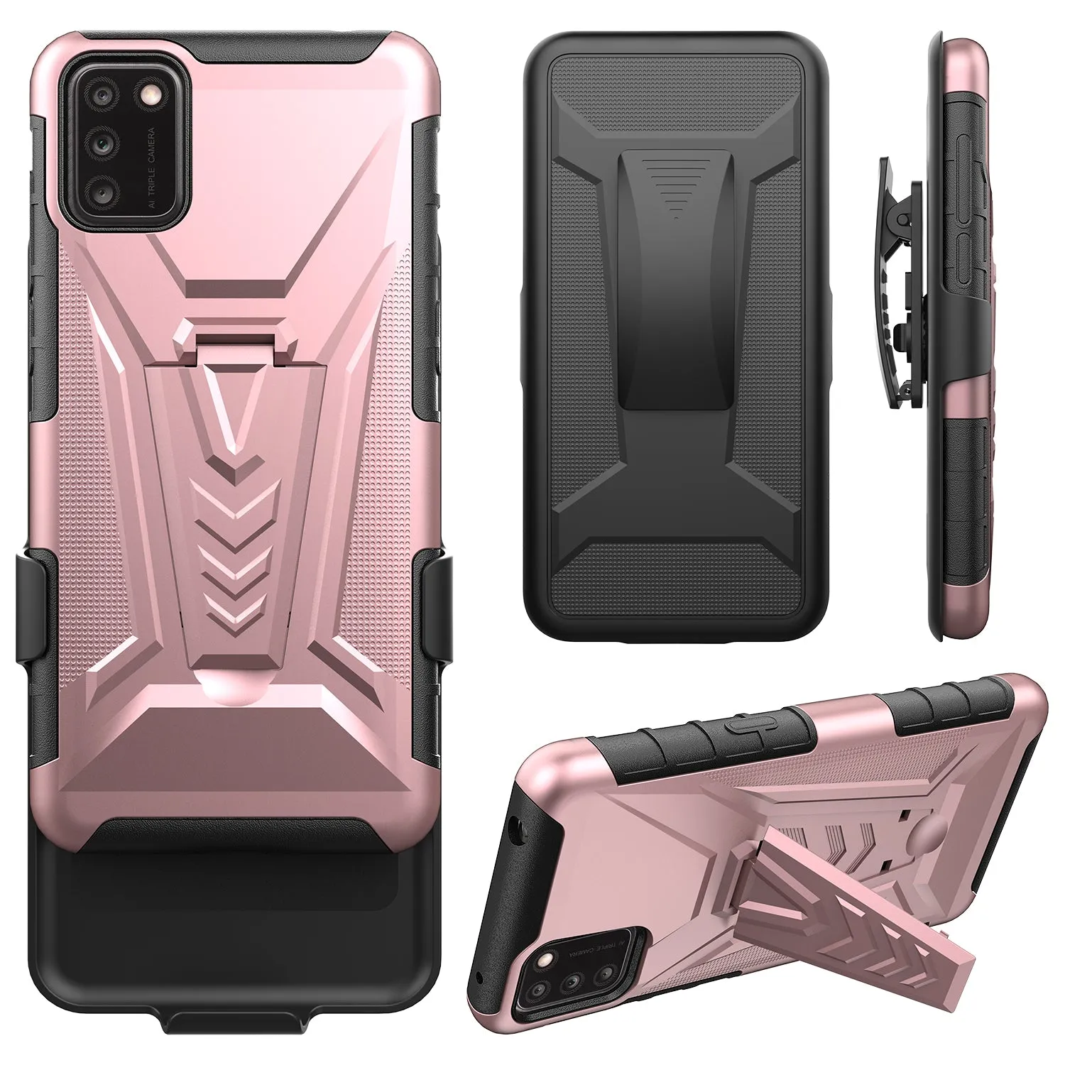 For TCL A3X Case with Tempered Glass Screen Protector Heavy Duty Protective Phone Case,Built-in Kickstand Rugged Shockproof Protective Phone Case - Rose Gold