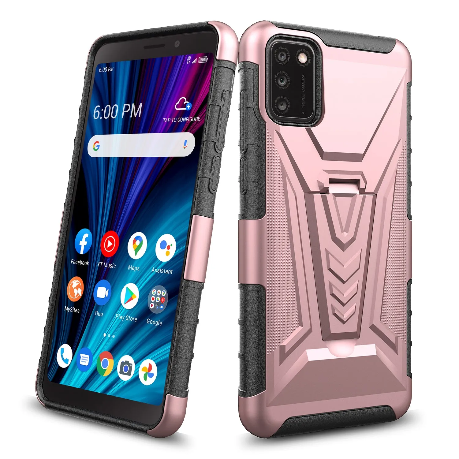 For TCL A3X Case with Tempered Glass Screen Protector Heavy Duty Protective Phone Case,Built-in Kickstand Rugged Shockproof Protective Phone Case - Rose Gold