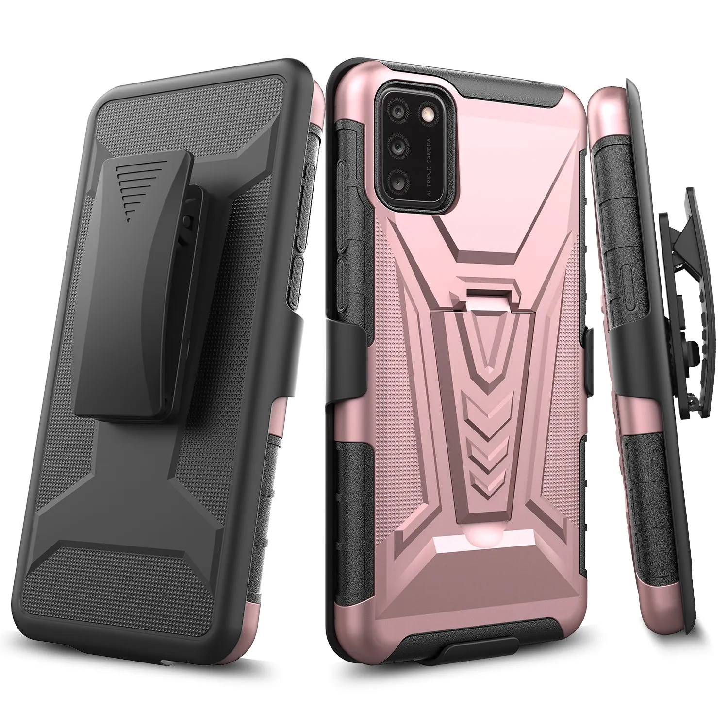 For TCL A3X Case with Tempered Glass Screen Protector Heavy Duty Protective Phone Case,Built-in Kickstand Rugged Shockproof Protective Phone Case - Rose Gold