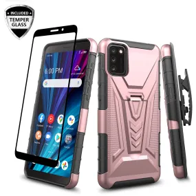 For TCL A3X Case with Tempered Glass Screen Protector Heavy Duty Protective Phone Case,Built-in Kickstand Rugged Shockproof Protective Phone Case - Rose Gold