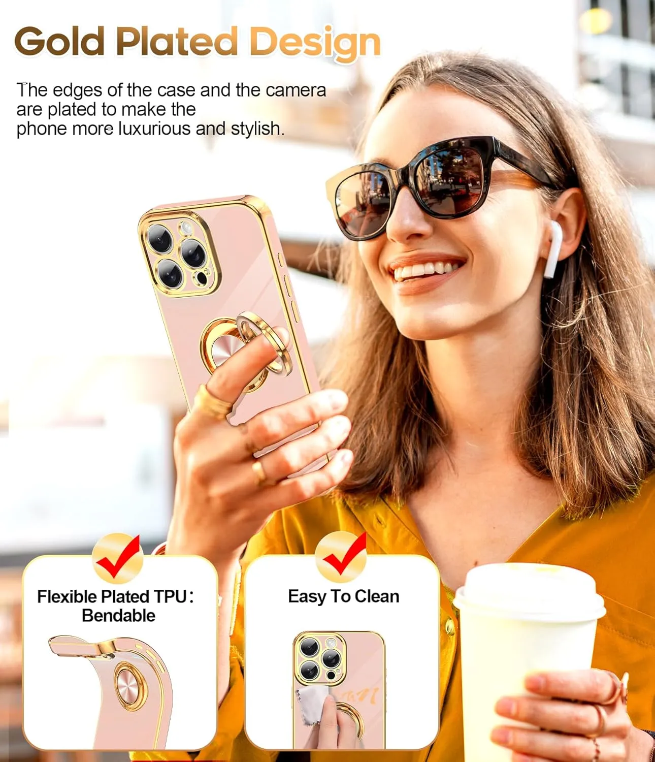 iPhone 16 Pro Phone Case 2 Pack Tempered Protector 360° Rotatable Ring Plating Rose Gold Edge Protective