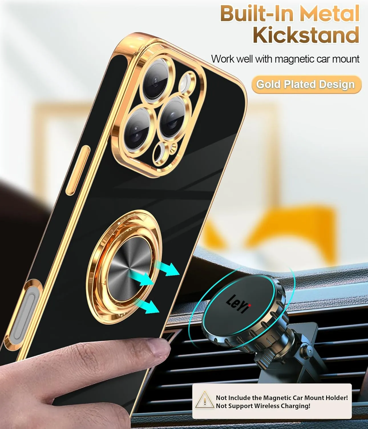 iPhone 16 Pro Phone Case 2 Pack Tempered Protector 360° Rotatable Ring Plating Rose Gold Edge Protective