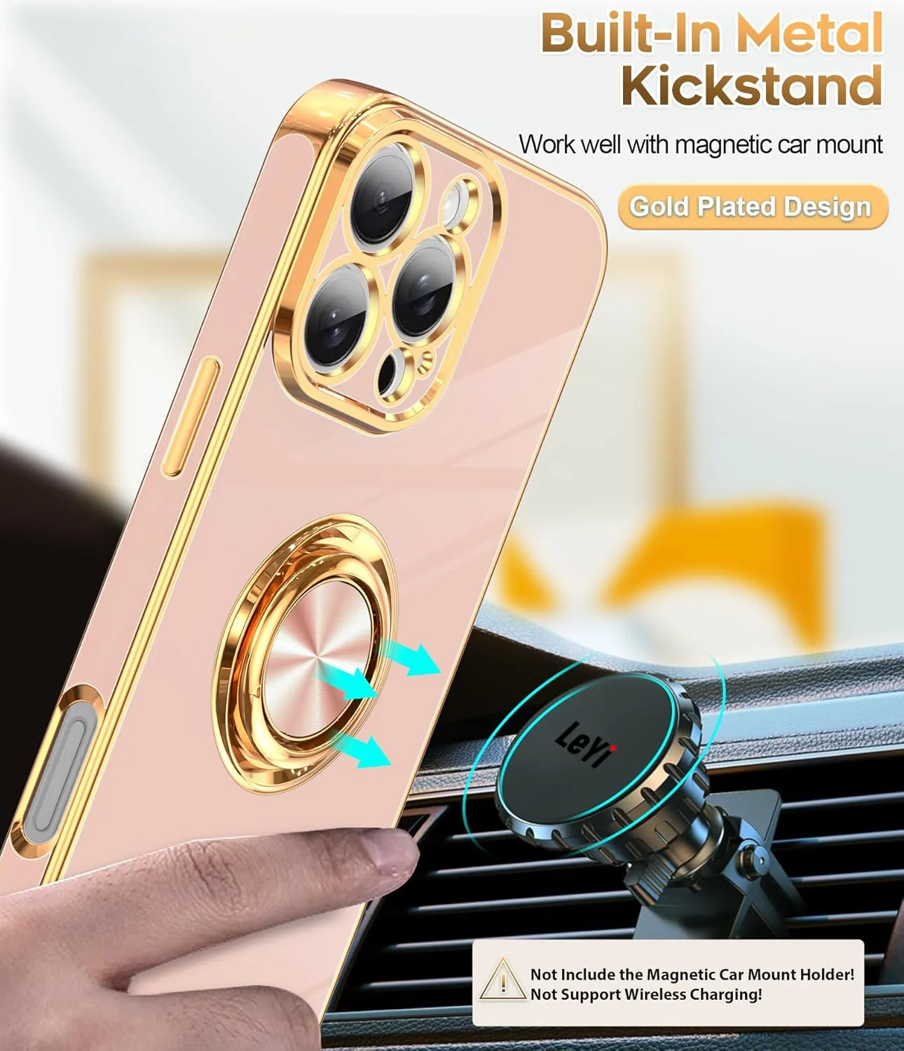 iPhone 16 Pro Phone Case 2 Pack Tempered Protector 360° Rotatable Ring Plating Rose Gold Edge Protective