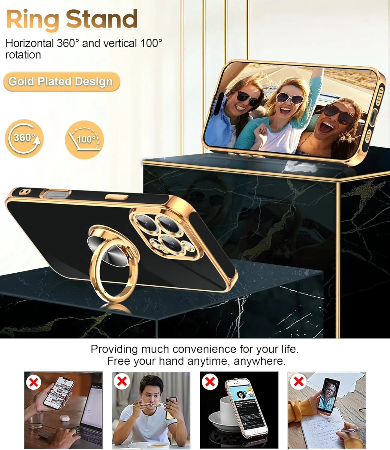 iPhone 16 Pro Phone Case 2 Pack Tempered Protector 360° Rotatable Ring Plating Rose Gold Edge Protective