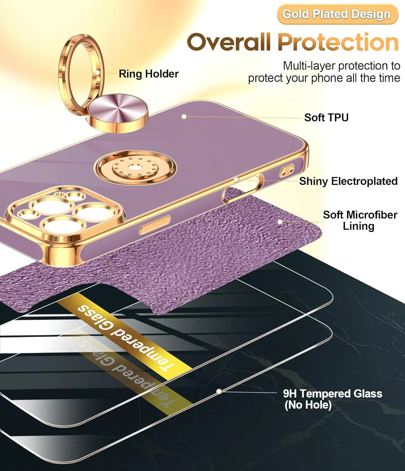 iPhone 16 Pro Phone Case 2 Pack Tempered Protector 360° Rotatable Ring Plating Rose Gold Edge Protective