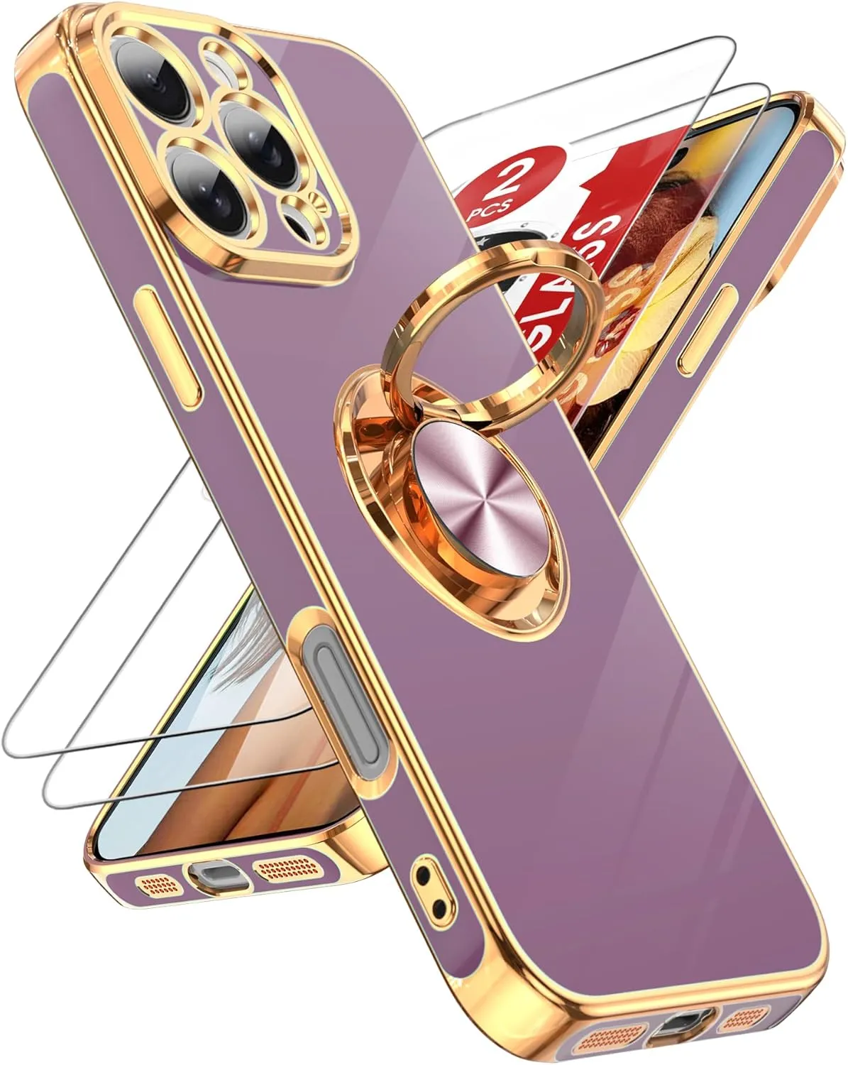 iPhone 16 Pro Phone Case 2 Pack Tempered Protector 360° Rotatable Ring Plating Rose Gold Edge Protective