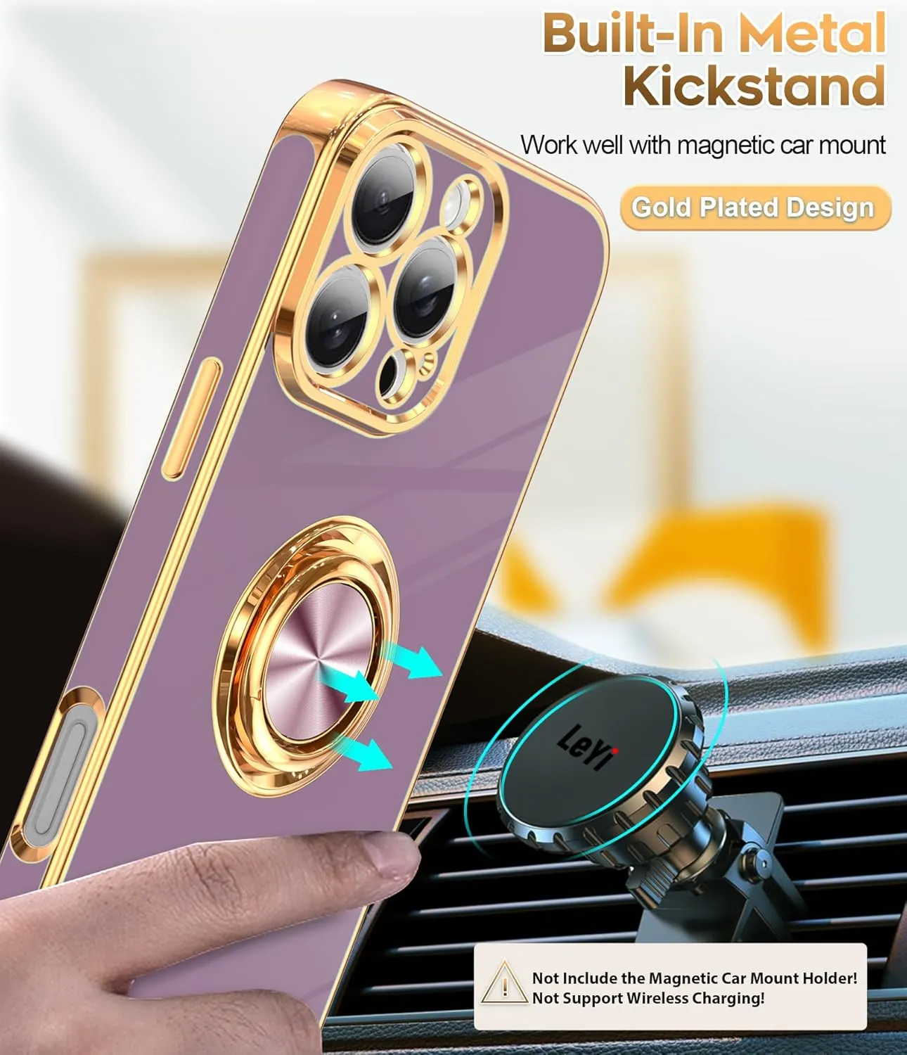 iPhone 16 Pro Phone Case 2 Pack Tempered Protector 360° Rotatable Ring Plating Rose Gold Edge Protective