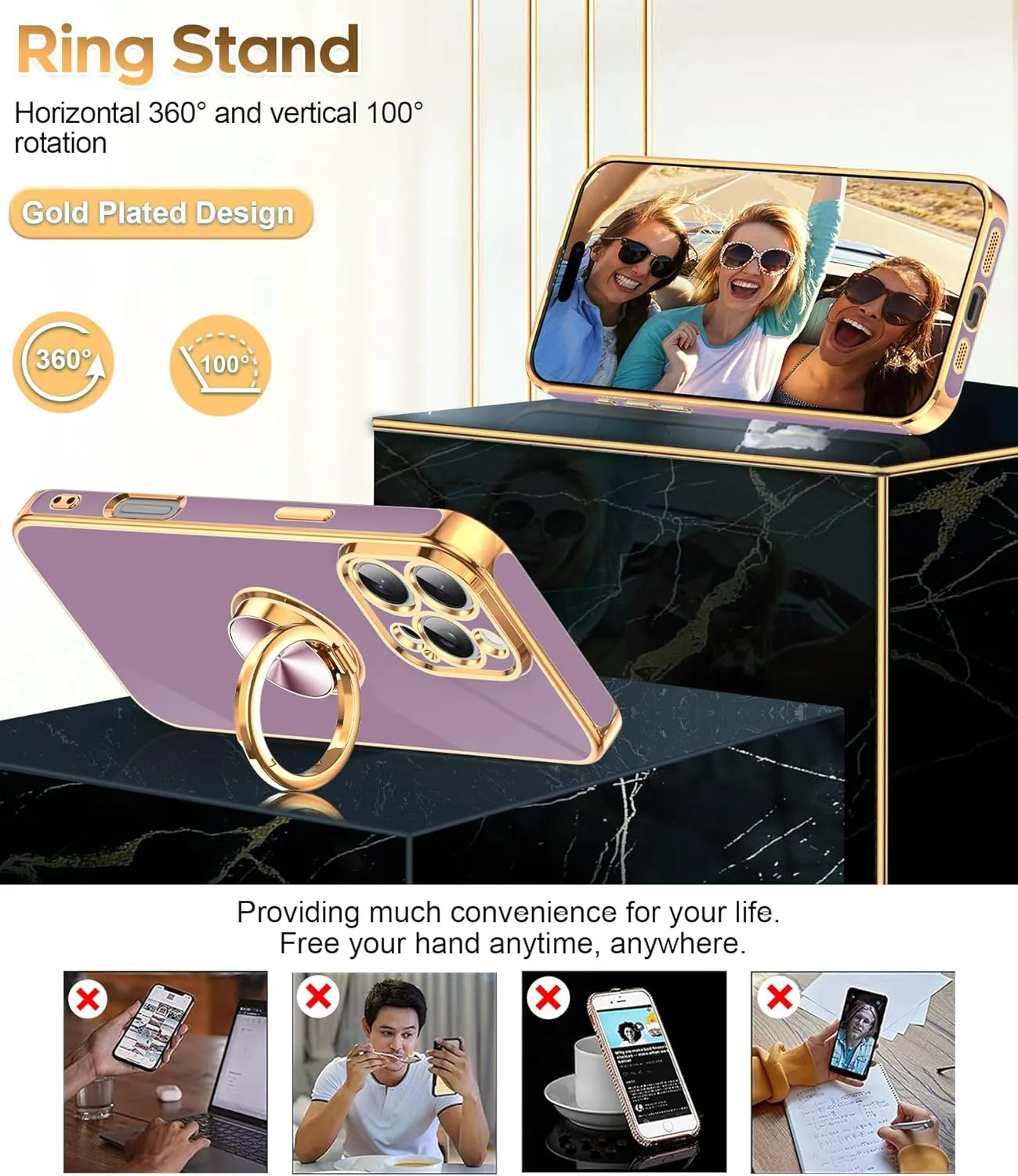 iPhone 16 Pro Phone Case 2 Pack Tempered Protector 360° Rotatable Ring Plating Rose Gold Edge Protective