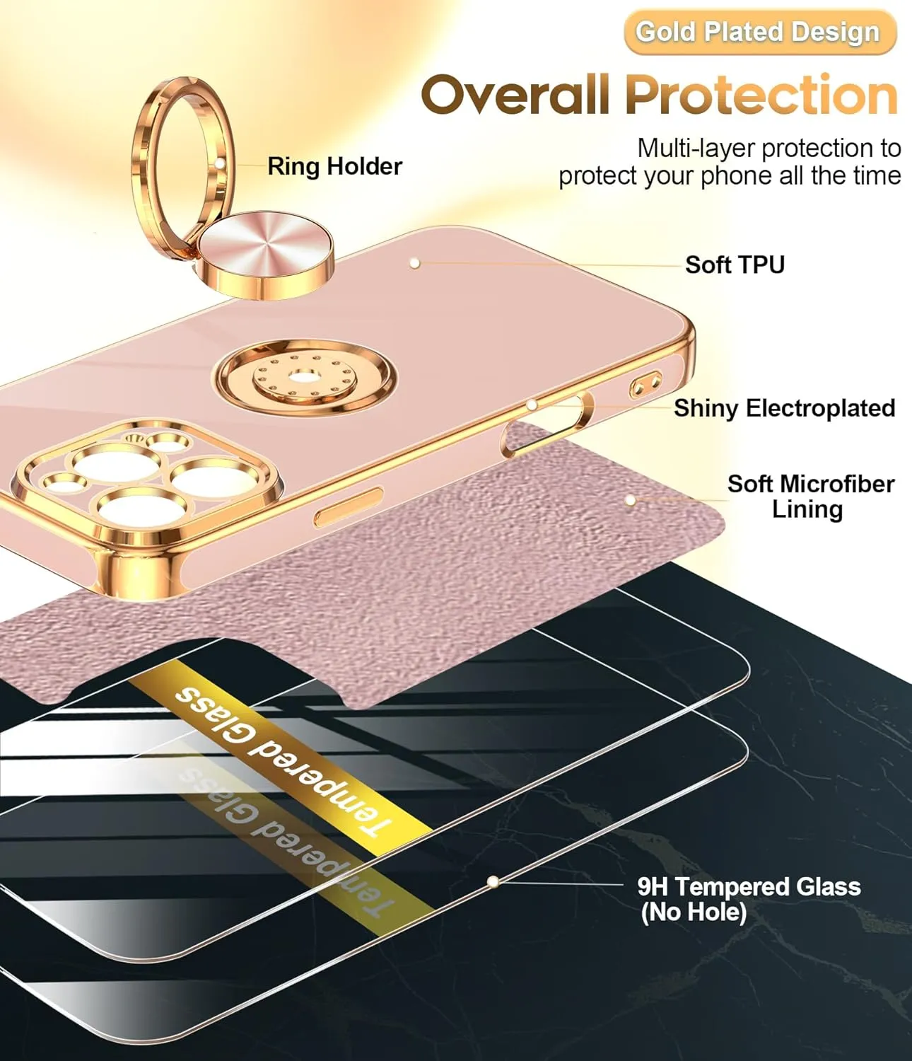 iPhone 16 Pro Phone Case 2 Pack Tempered Protector 360° Rotatable Ring Plating Rose Gold Edge Protective