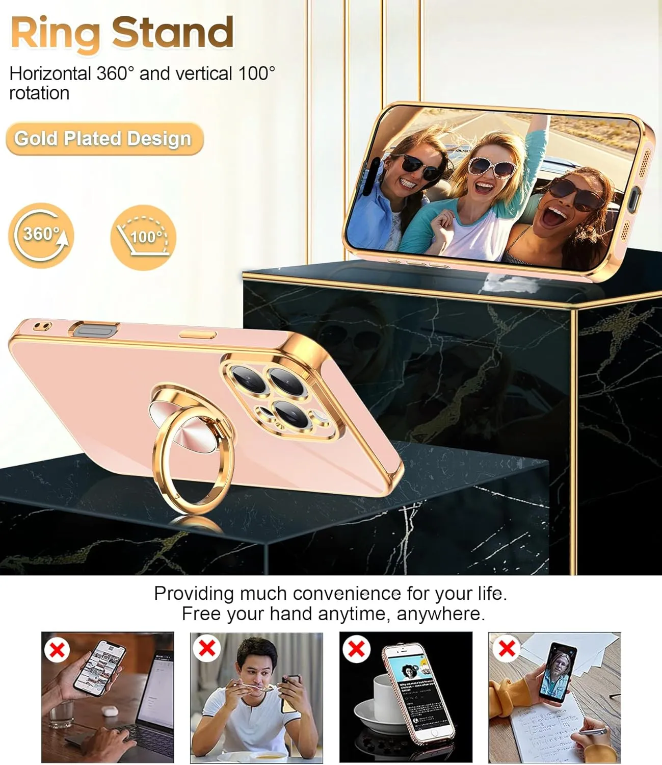 iPhone 16 Pro Phone Case 2 Pack Tempered Protector 360° Rotatable Ring Plating Rose Gold Edge Protective