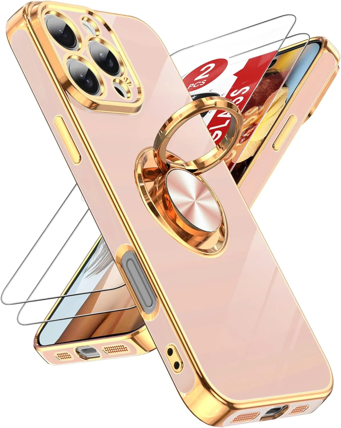 iPhone 16 Pro Phone Case 2 Pack Tempered Protector 360° Rotatable Ring Plating Rose Gold Edge Protective