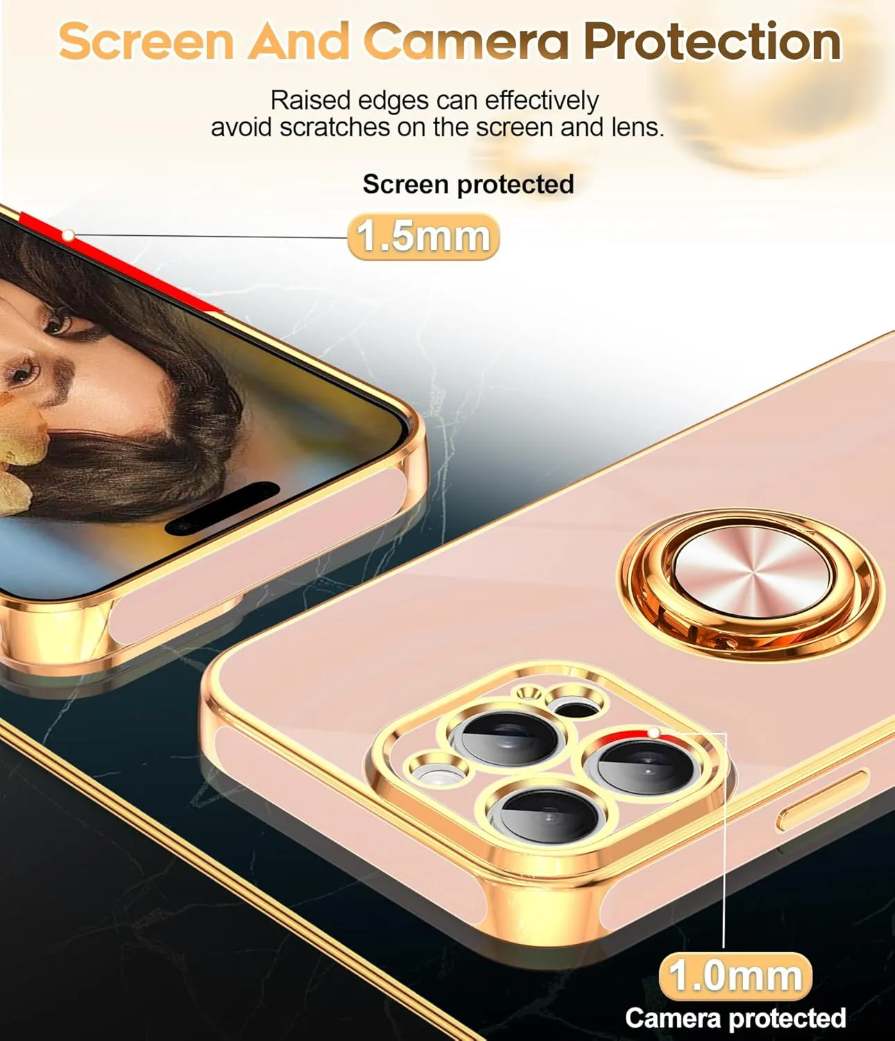 iPhone 16 Pro Phone Case 2 Pack Tempered Protector 360° Rotatable Ring Plating Rose Gold Edge Protective