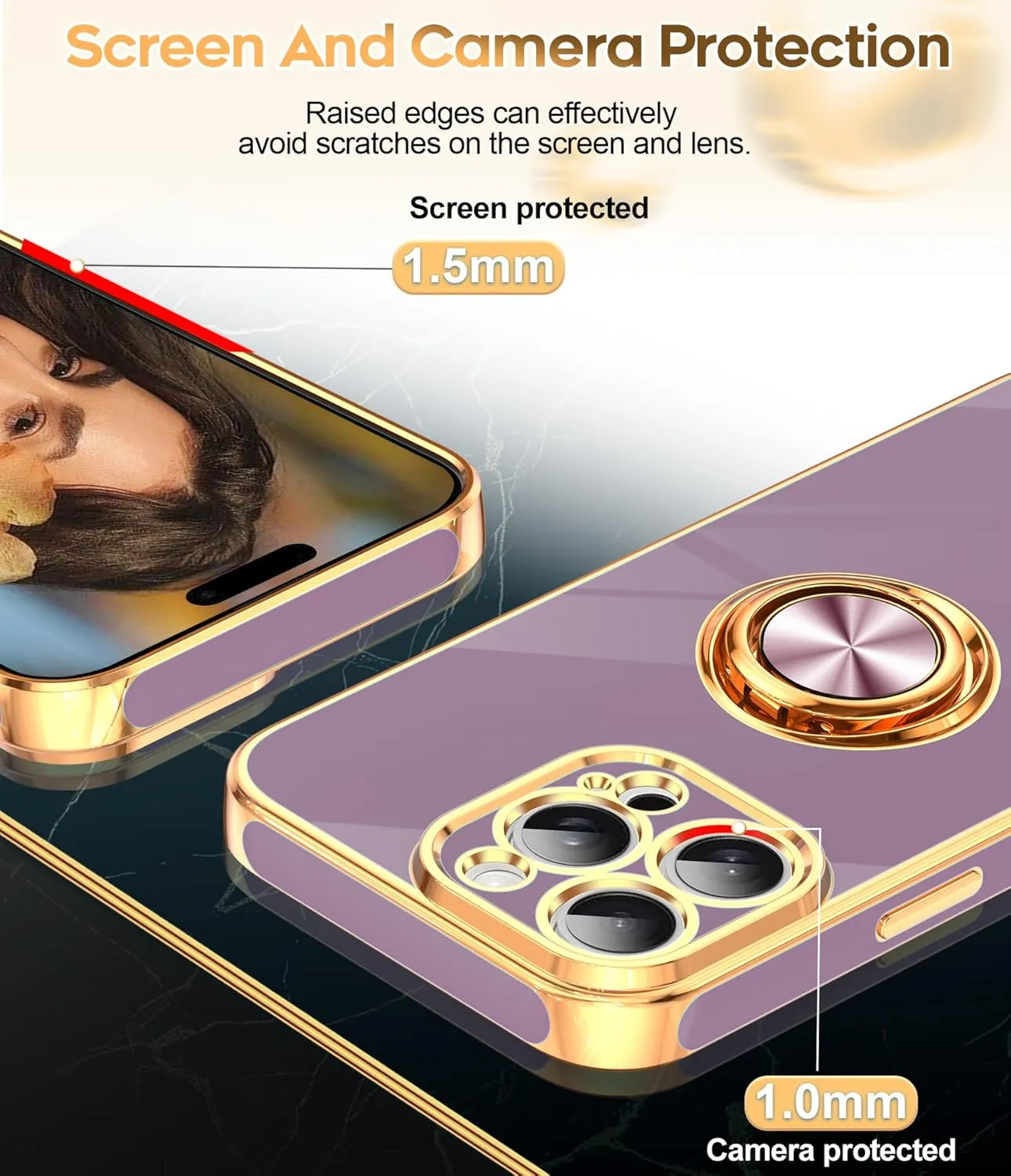 iPhone 16 Pro Phone Case 2 Pack Tempered Protector 360° Rotatable Ring Plating Rose Gold Edge Protective