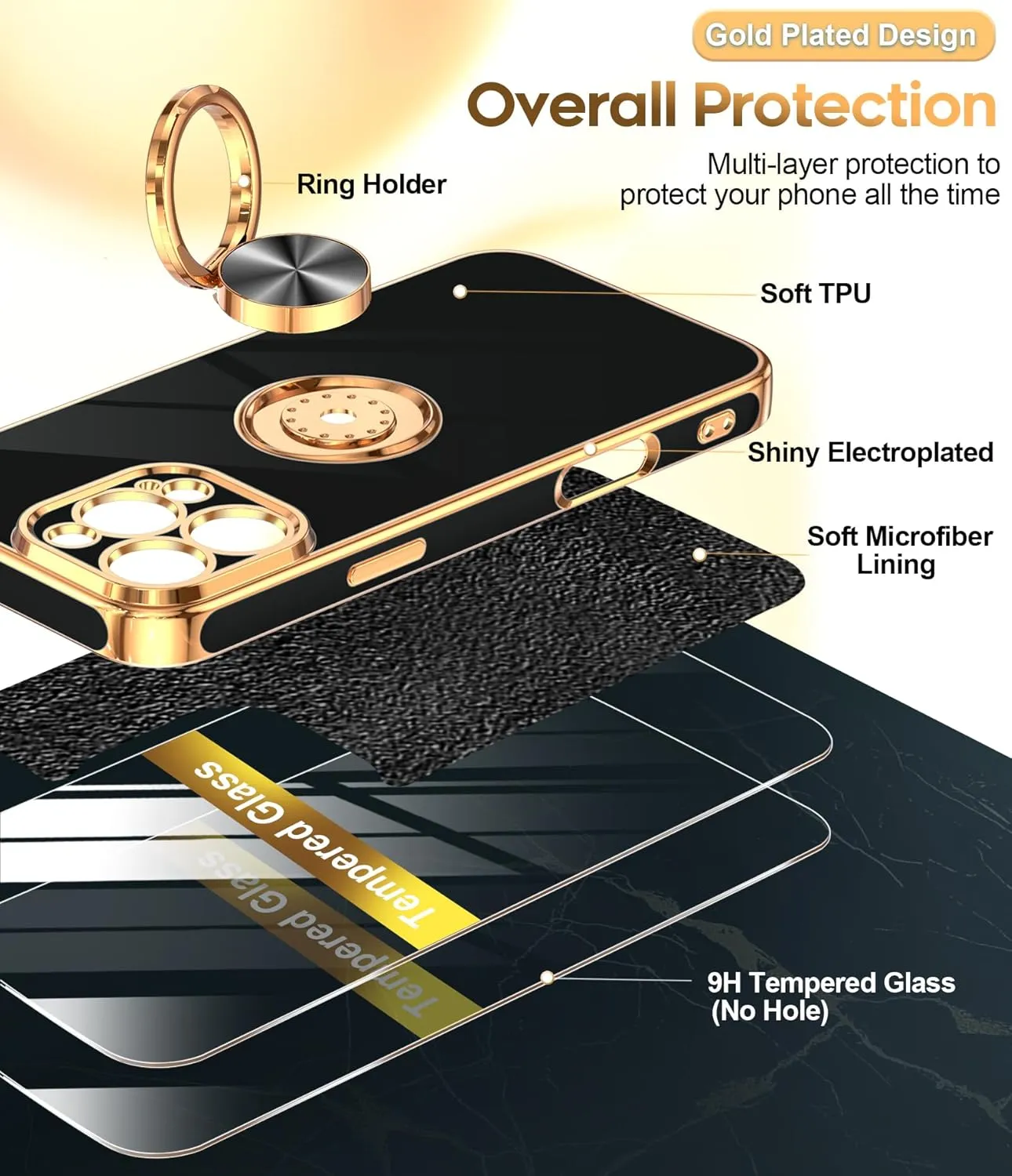 iPhone 16 Pro Phone Case 2 Pack Tempered Protector 360° Rotatable Ring Plating Rose Gold Edge Protective