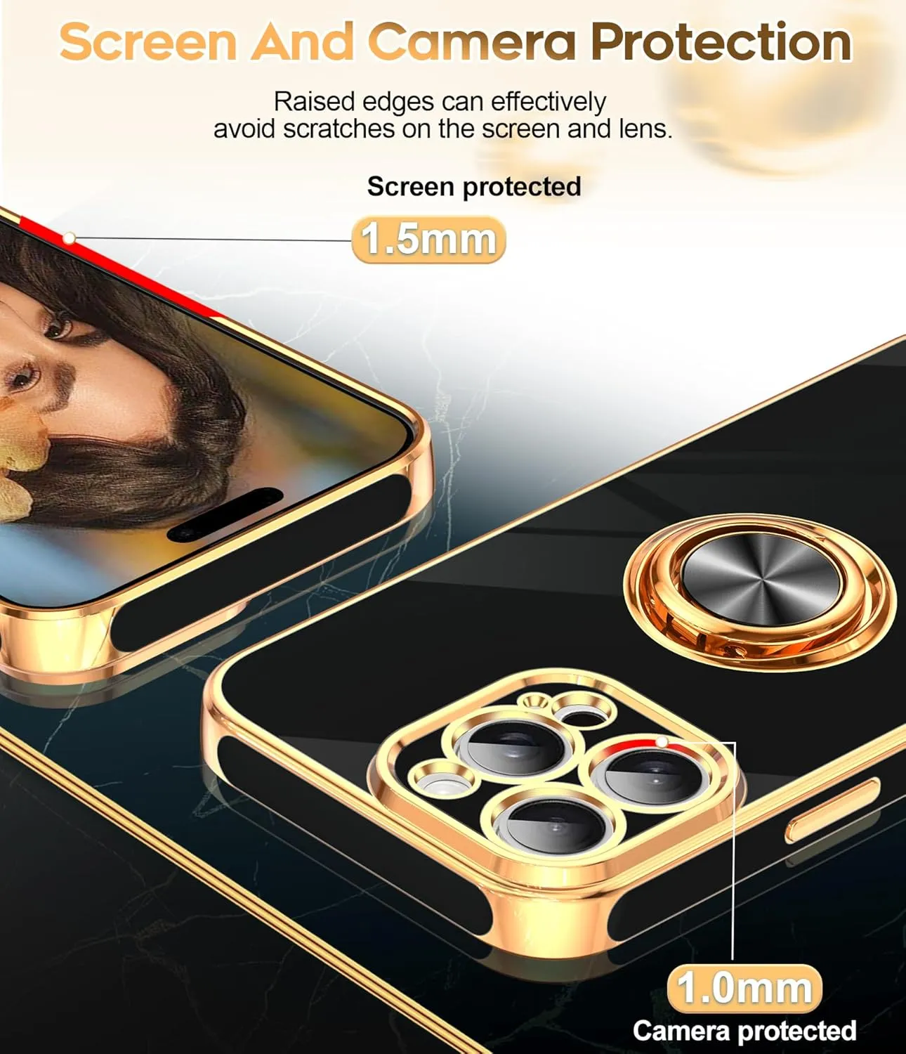 iPhone 16 Pro Phone Case 2 Pack Tempered Protector 360° Rotatable Ring Plating Rose Gold Edge Protective