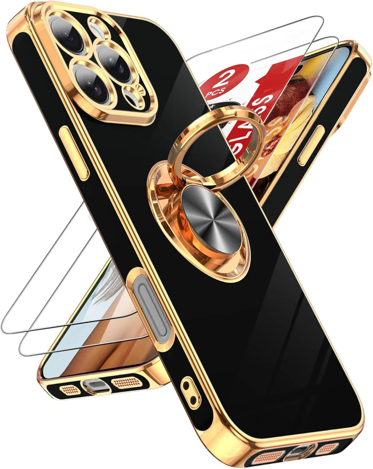 iPhone 16 Pro Phone Case 2 Pack Tempered Protector 360° Rotatable Ring Plating Rose Gold Edge Protective