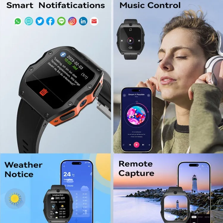 Model X 1.99 inch IP68 Waterproof Android 9.0 4G Dual Cameras Ceramics Smart Watch, Specification:4GB 128GB(Black Orange)