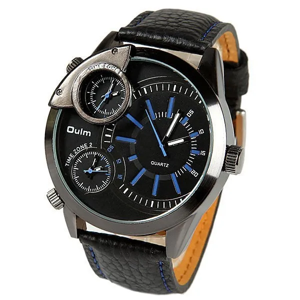 Oulm brand Male Man Quartz Wrist Watch sports Three Movt Time zone Round Dial Genuine Leather Straps