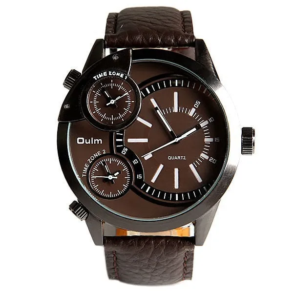 Oulm brand Male Man Quartz Wrist Watch sports Three Movt Time zone Round Dial Genuine Leather Straps