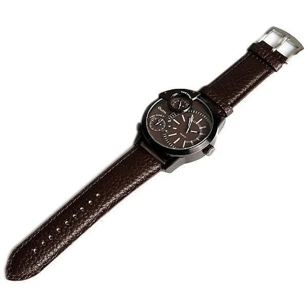 Oulm brand Male Man Quartz Wrist Watch sports Three Movt Time zone Round Dial Genuine Leather Straps