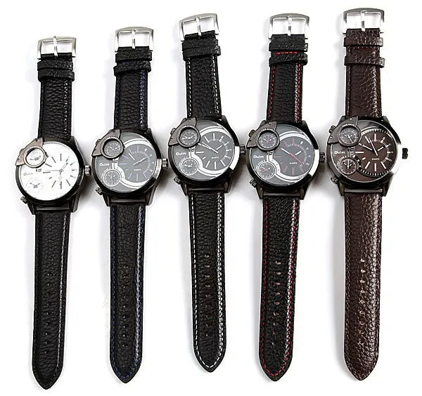 Oulm brand Male Man Quartz Wrist Watch sports Three Movt Time zone Round Dial Genuine Leather Straps