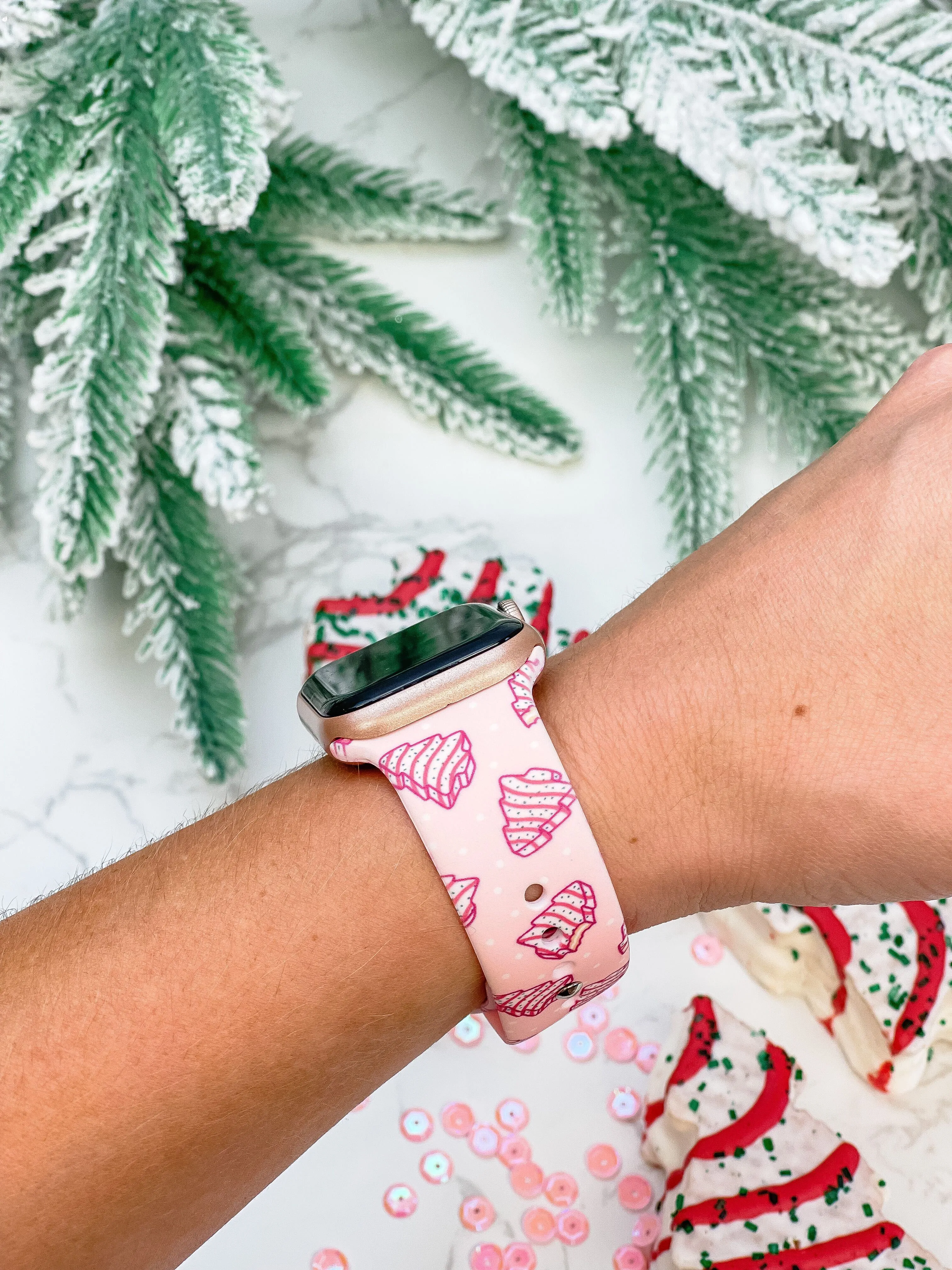 Pink Christmas Cake Printed Silicone Smart Watch Band