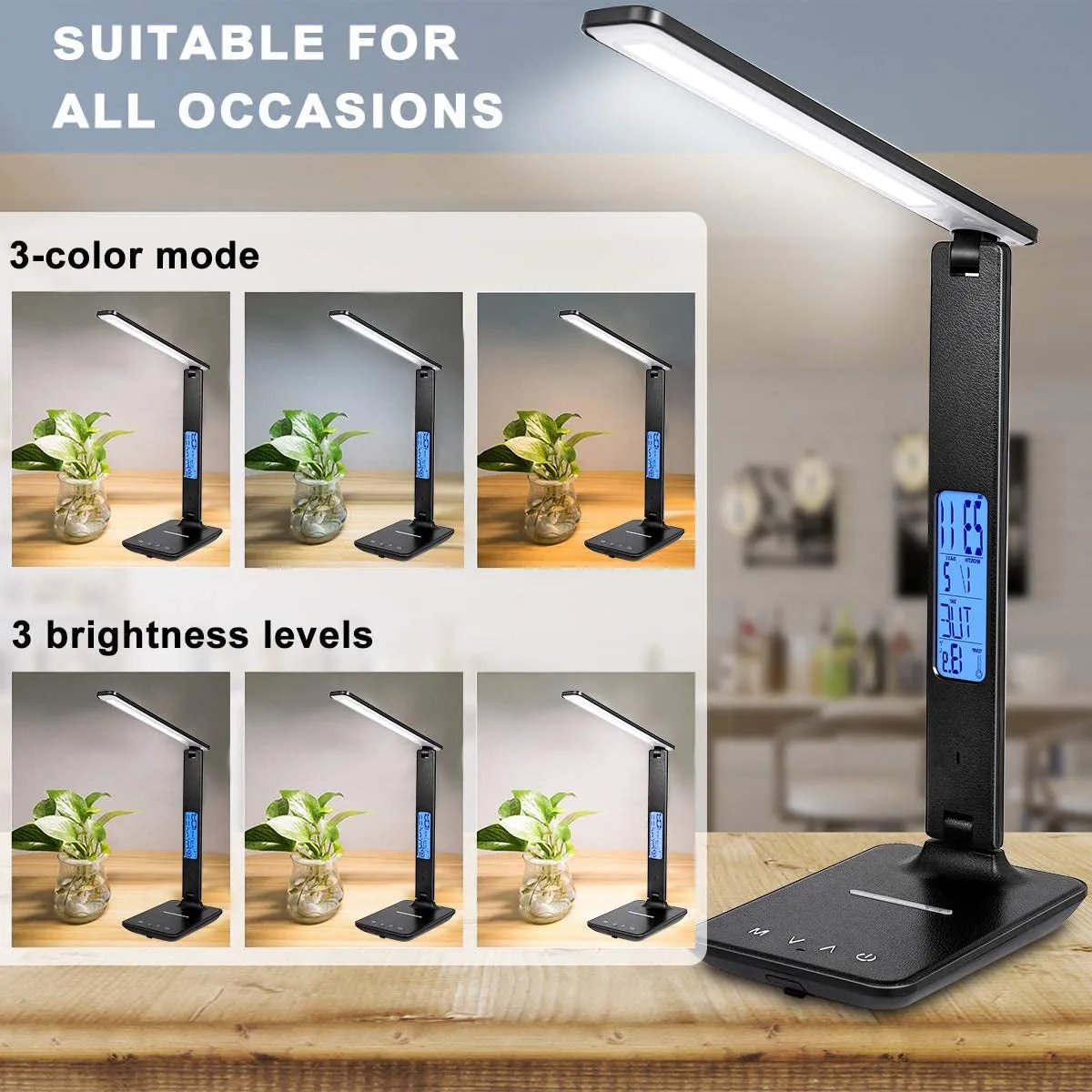 "Versatile LED Desk Lamp with Wireless Charging, Dimmable Light, USB Port, Clock, Calendar, and Thermometer - Ideal for Home and Office Use!"