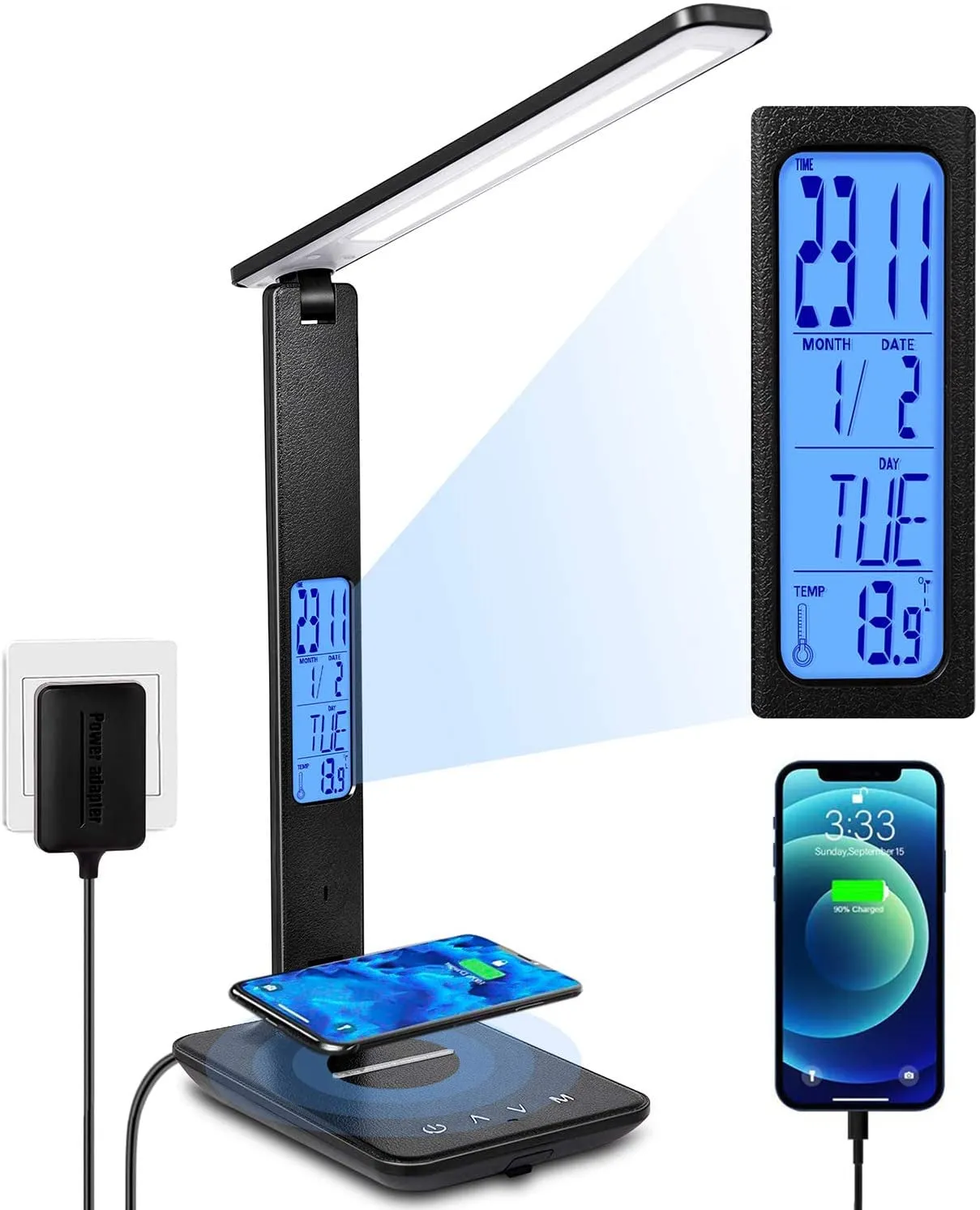 "Versatile LED Desk Lamp with Wireless Charging, Dimmable Light, USB Port, Clock, Calendar, and Thermometer - Ideal for Home and Office Use!"