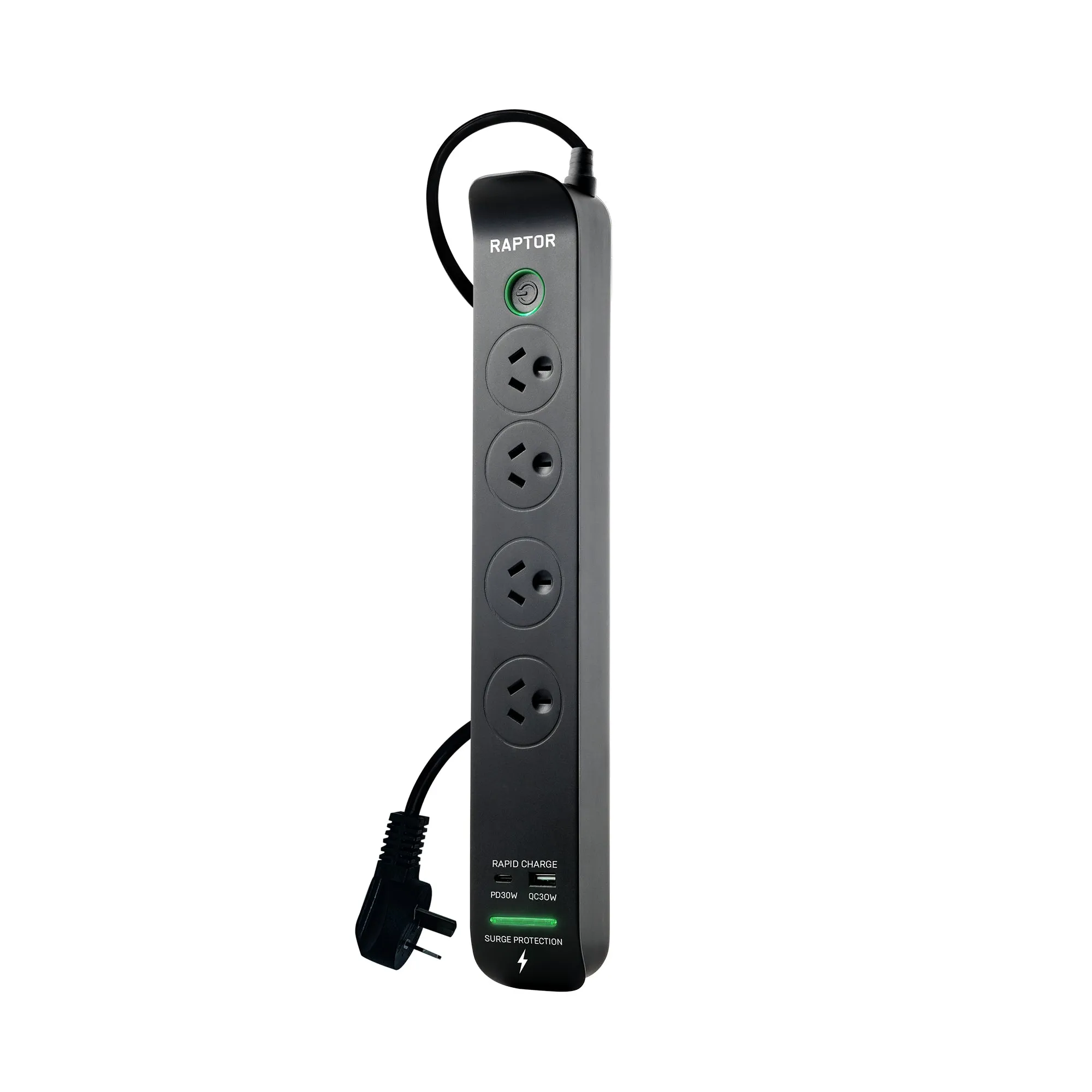 Raptor Surge Protected Board, 4 x Sockets, 30W PD USB-C & 30W QC USB-A