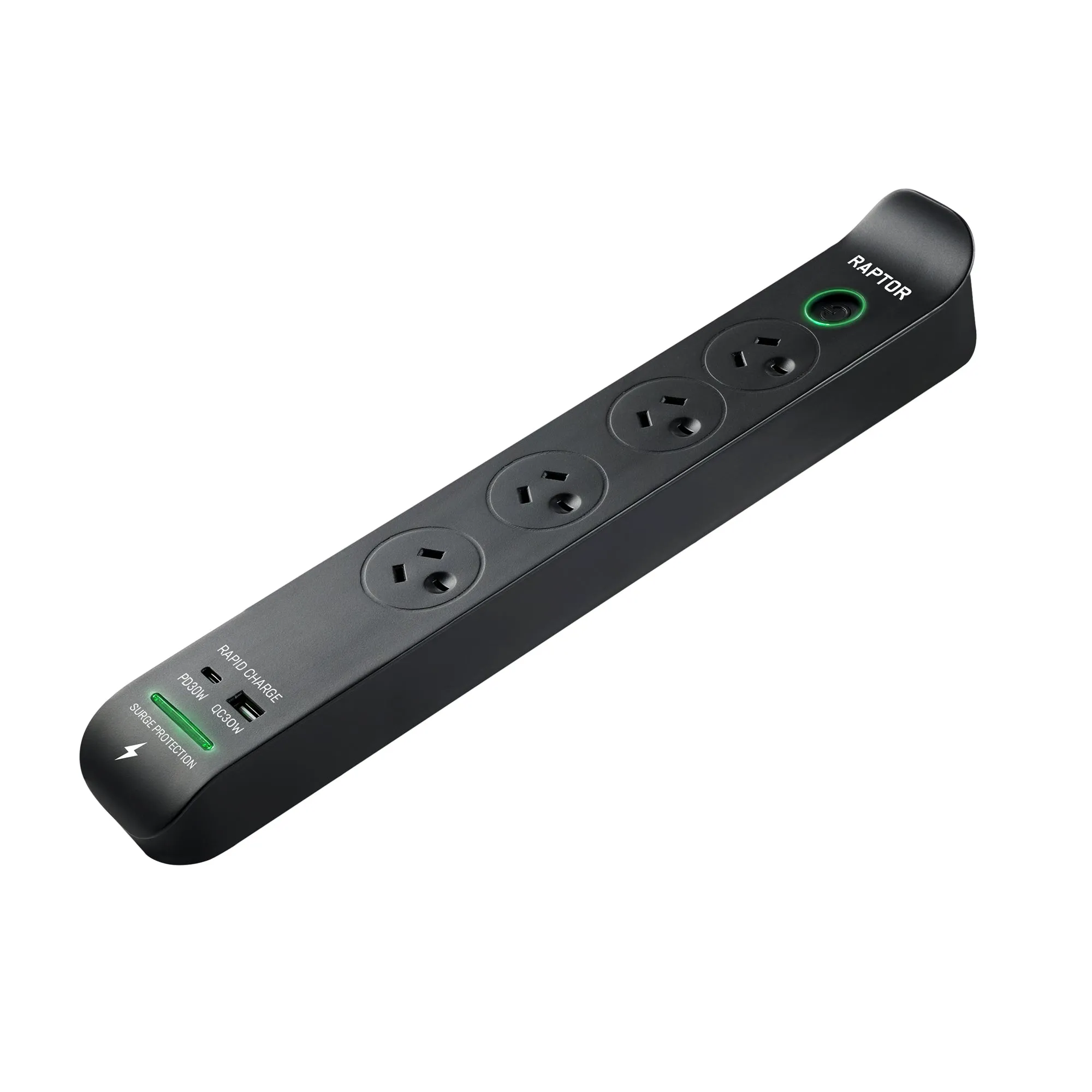 Raptor Surge Protected Board, 4 x Sockets, 30W PD USB-C & 30W QC USB-A