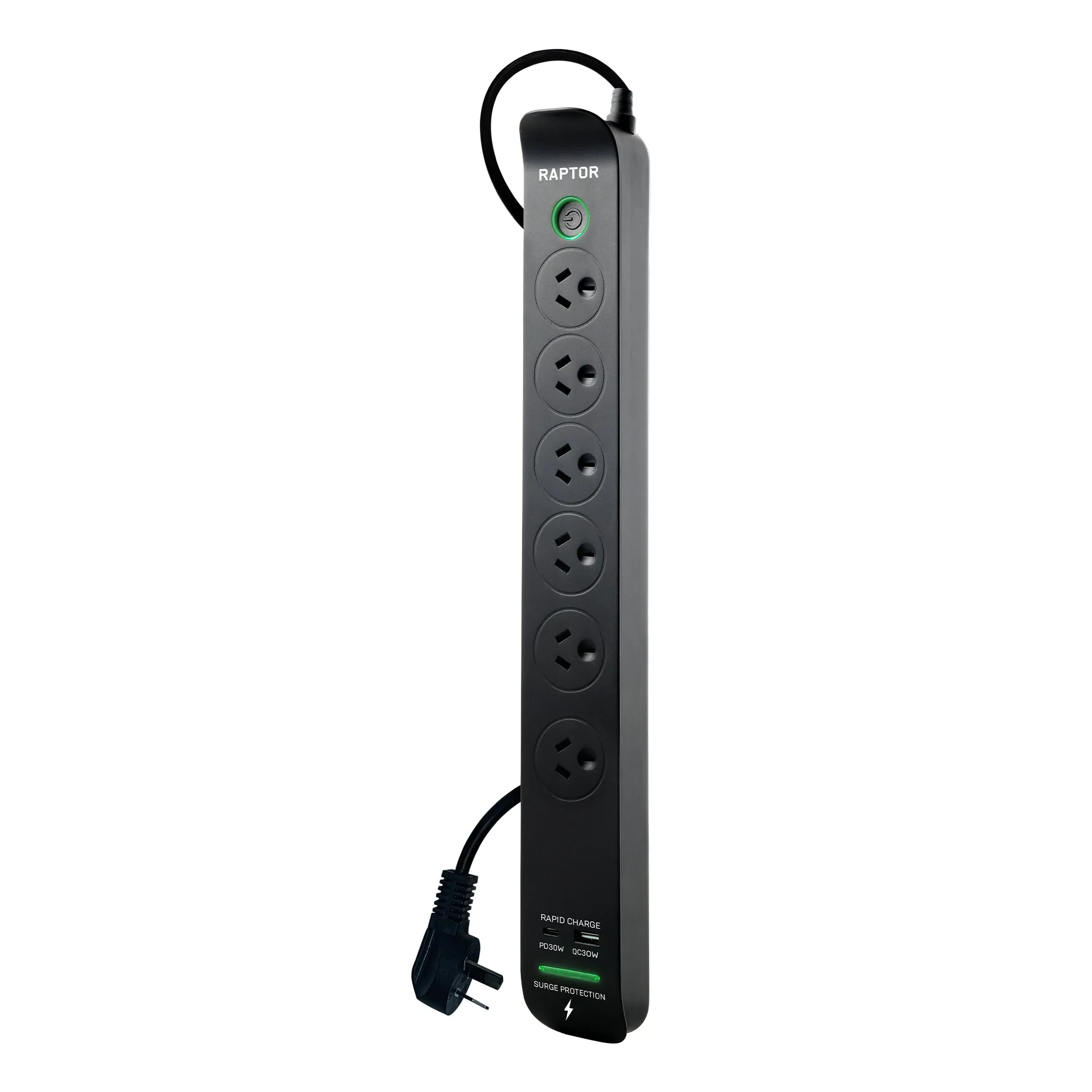 Raptor Surge Protected Board, 6 x Sockets, 30W PD USB-C & 30W QC USB-A