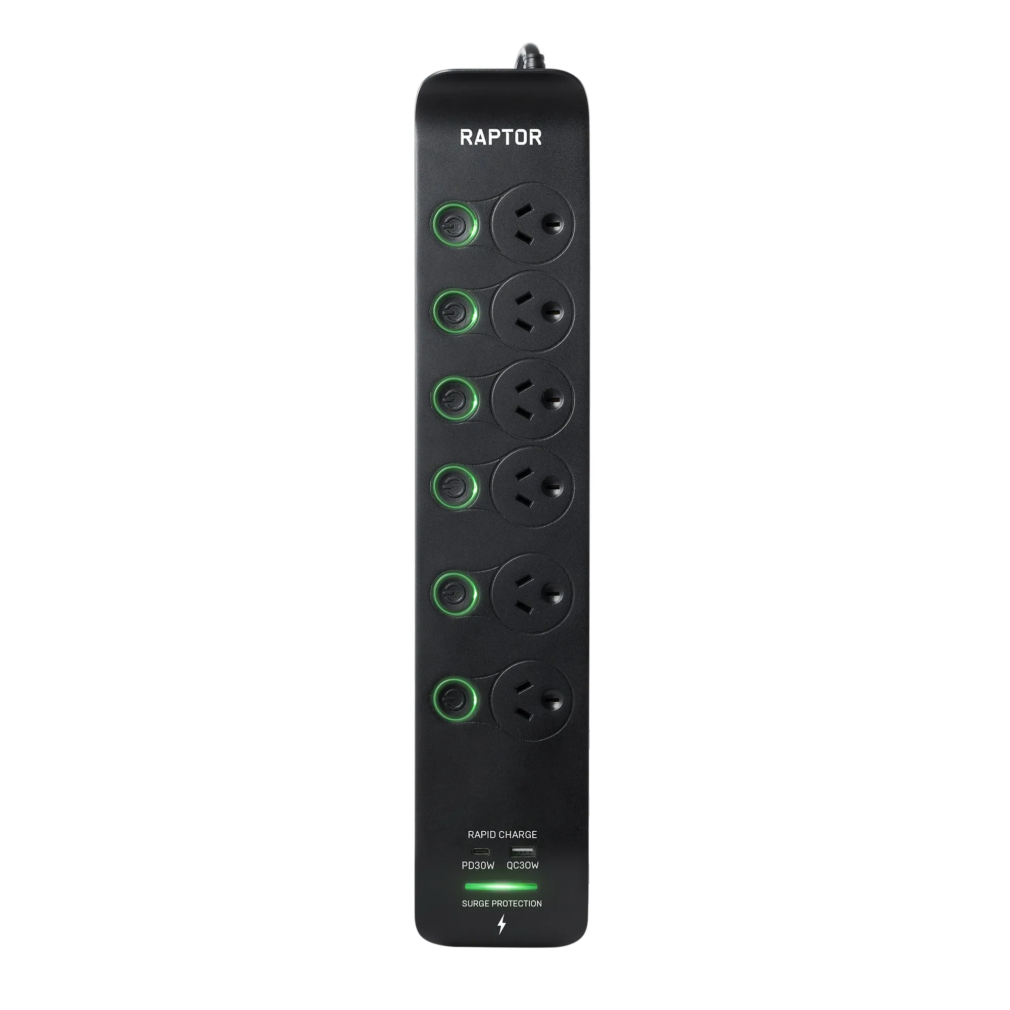 Raptor Surge Protected Board, 6 x Switch Sockets, 30W PD USB-C & 30W QC USB-A