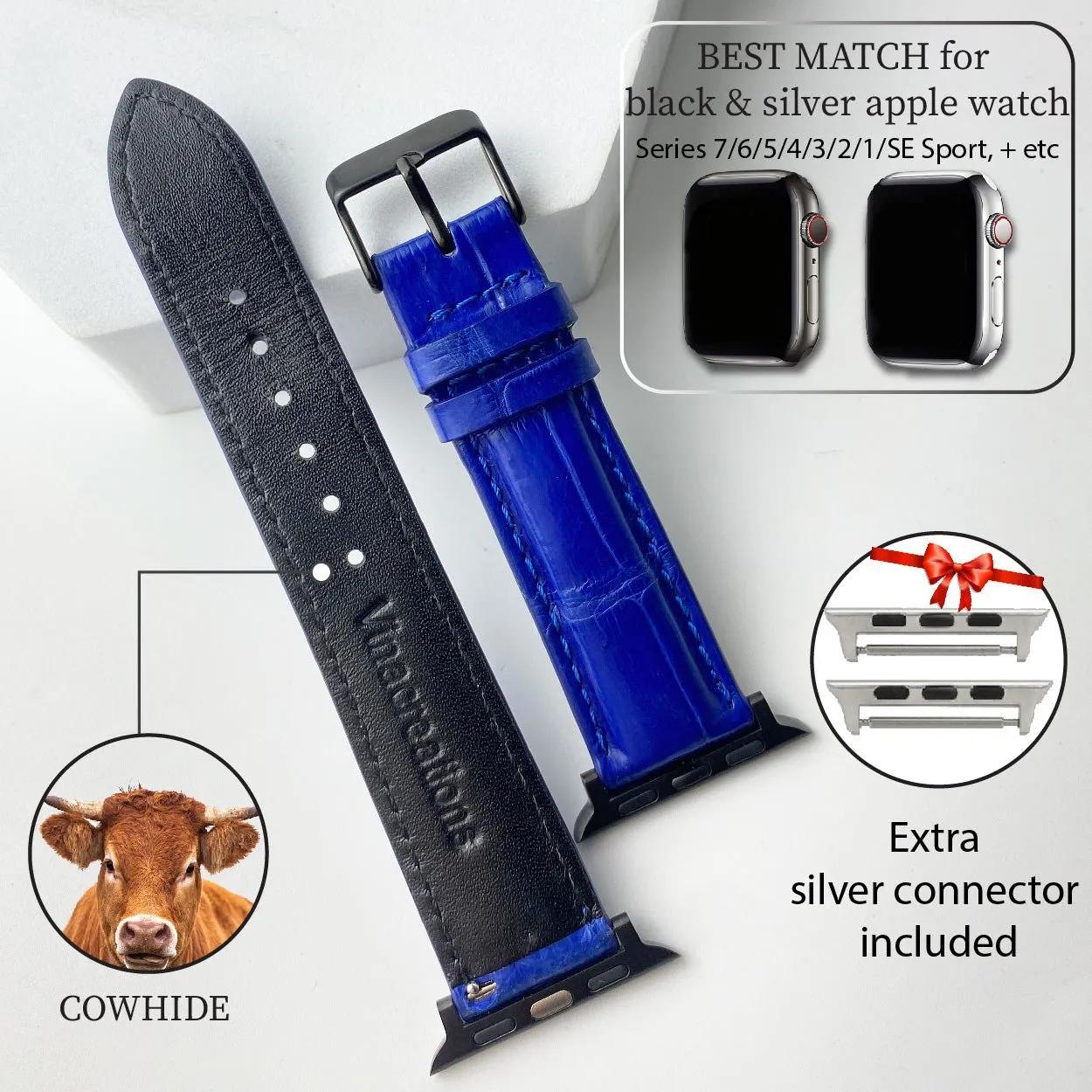 Royal Blue Alligator Leather Strap for Apple Watch Ultra Series 8 7 6 5 4 3 SE | AW-05