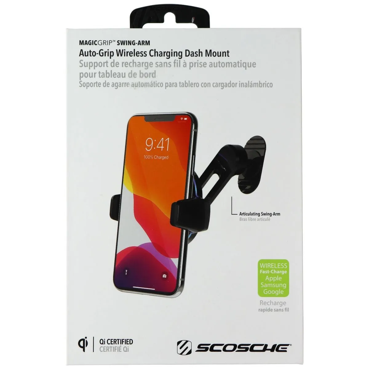 SCOSCHE MagicGrip Swing-Arm 10W Qi Wireless Adhesive Charging Dash Mount