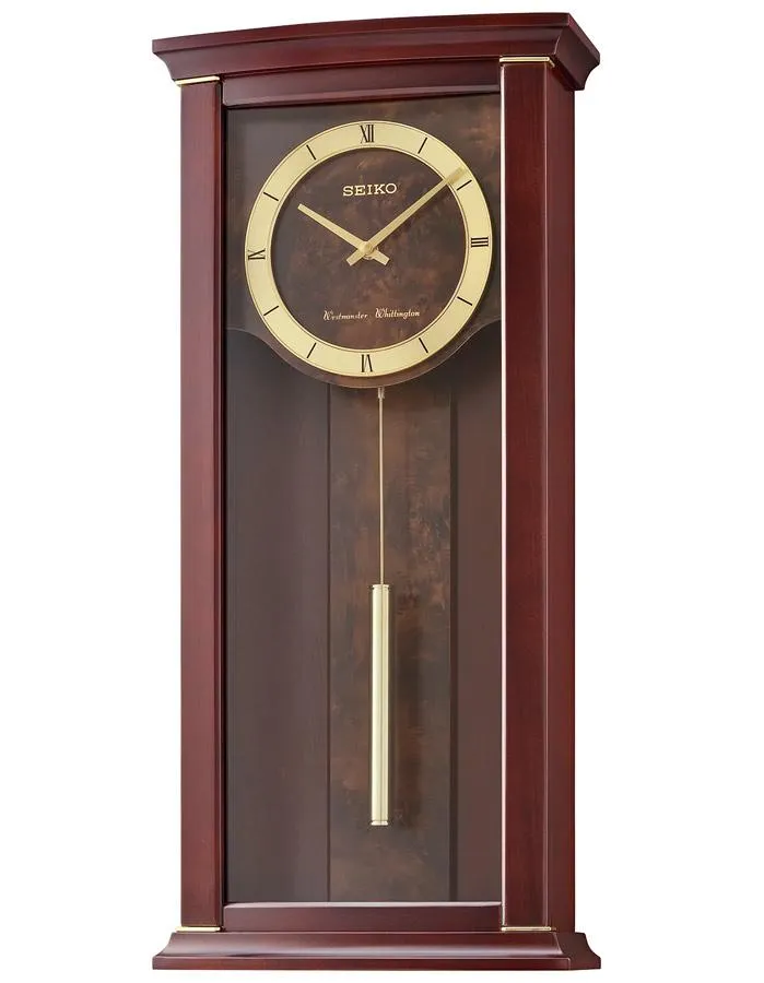 Seiko Pendulum Chiming Wall Clock - Brass & Burlwood Accents - Dark Brown