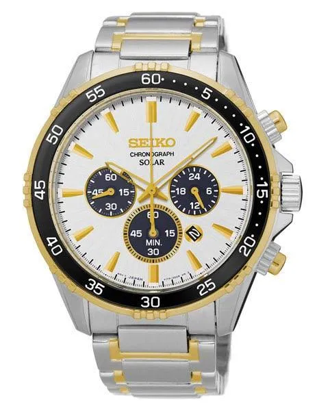 Seiko Solar Mens Chronograph - White Dial - Two-Tone - Bracelet - Date