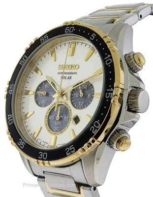 Seiko Solar Mens Chronograph - White Dial - Two-Tone - Bracelet - Date