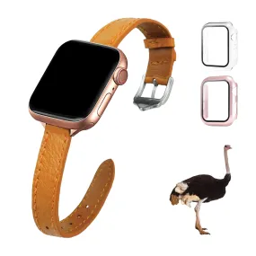 Tan Flat Ostrich Leather Band Compatible Apple Watch Iwatch 45mm Screen Protector Case Silver Adapter Replacement Strap For Smartwatch Series 7 8 Leather Handmade AW-182S-W-45MM