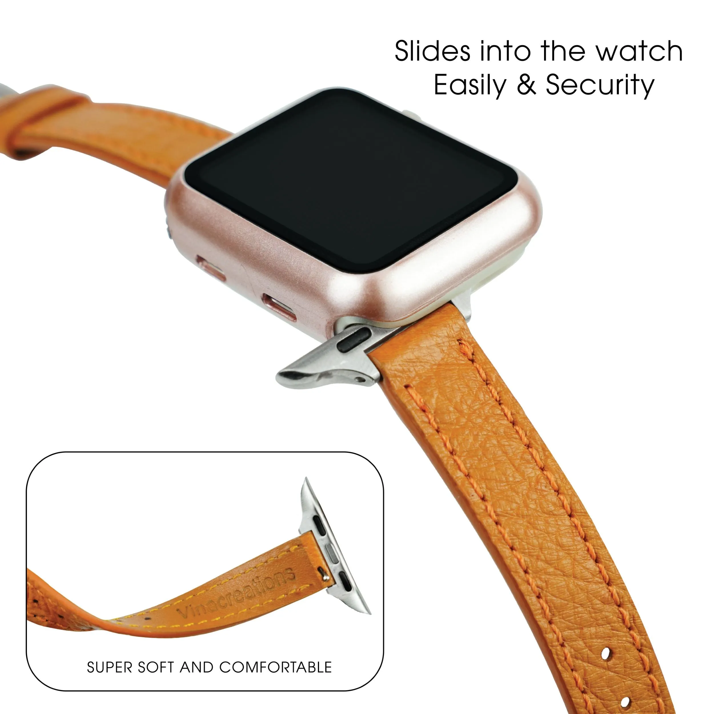 Tan Flat Ostrich Leather Band Compatible Apple Watch Iwatch 49mm Screen Protector Case Silver Adapter Replacement Strap For Smartwatch Series 7 8 Leather Handmade AW-182S-W-49MM