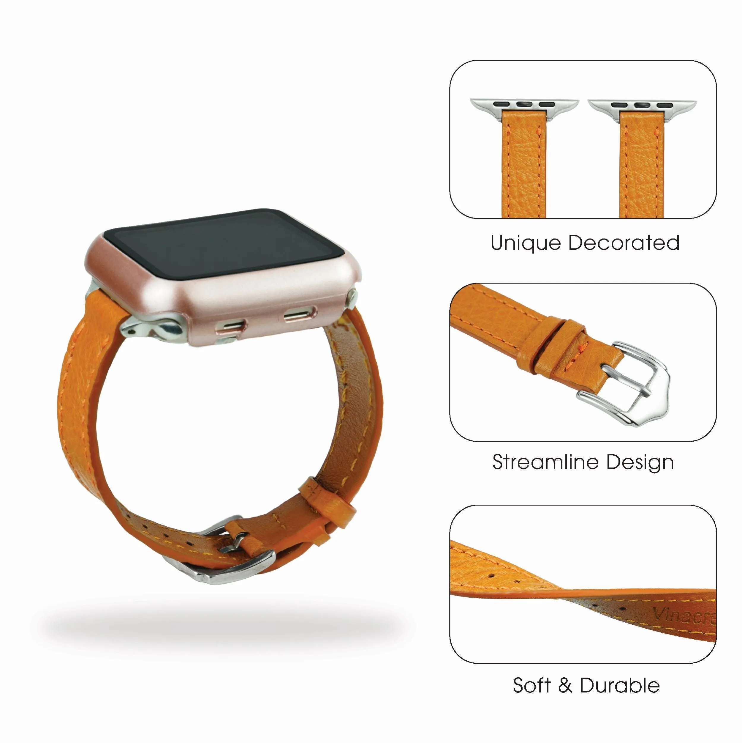 Tan Flat Ostrich Leather Band Compatible Apple Watch Iwatch 49mm Screen Protector Case Silver Adapter Replacement Strap For Smartwatch Series 7 8 Leather Handmade AW-182S-W-49MM