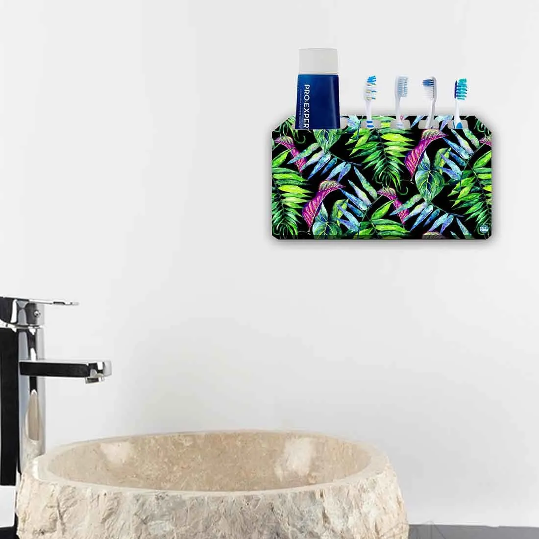 Toothbrush Holder Wall Mounted -Purple and Green Tropical Leaf